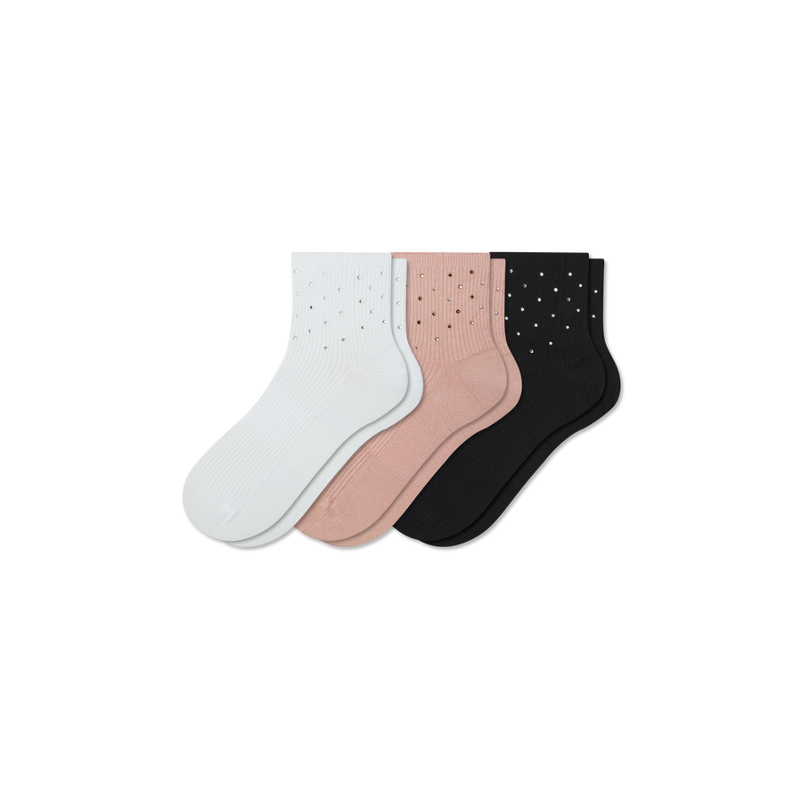 Women’s Rhinestone Rib Quarter Sock 3-Pack - Smooth Low Cut Fit