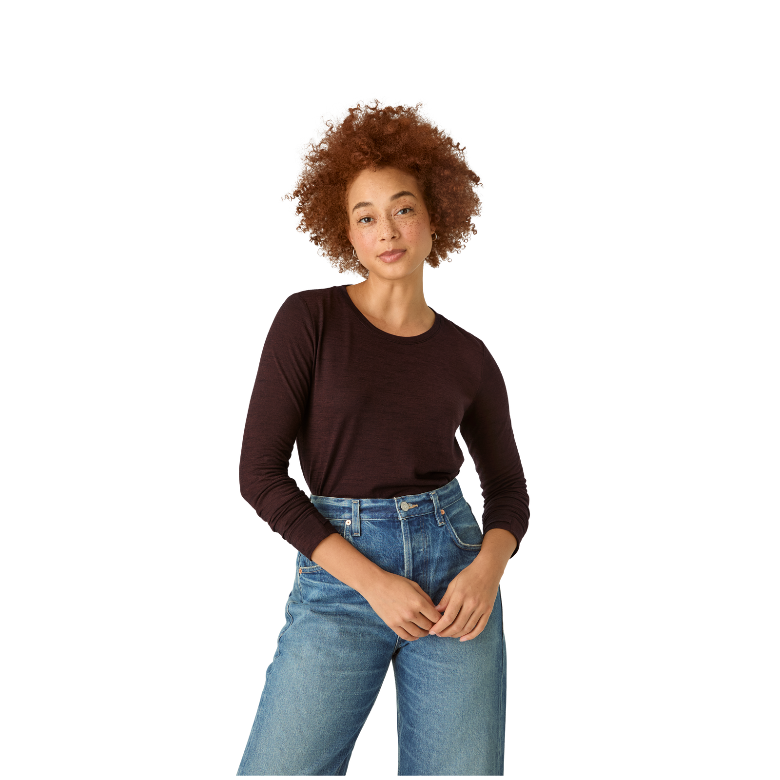 Merino Wool Blend Crew Neck Long Sleeve T-Shirt - Dark Cocoa WO1 [7056]