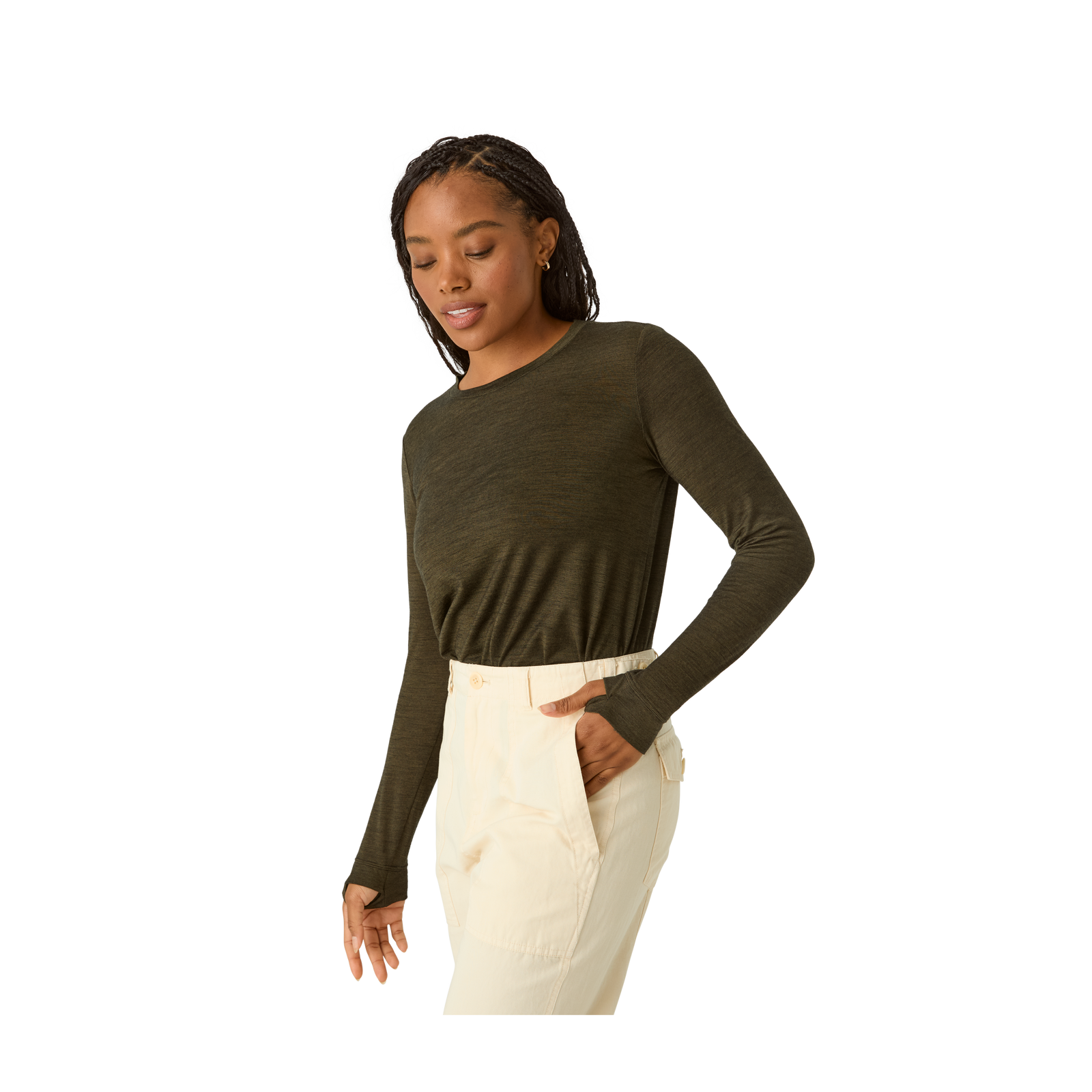 Merino Wool Blend Crew Neck Long Sleeve T-Shirt - Green Olive WO2 [7056]