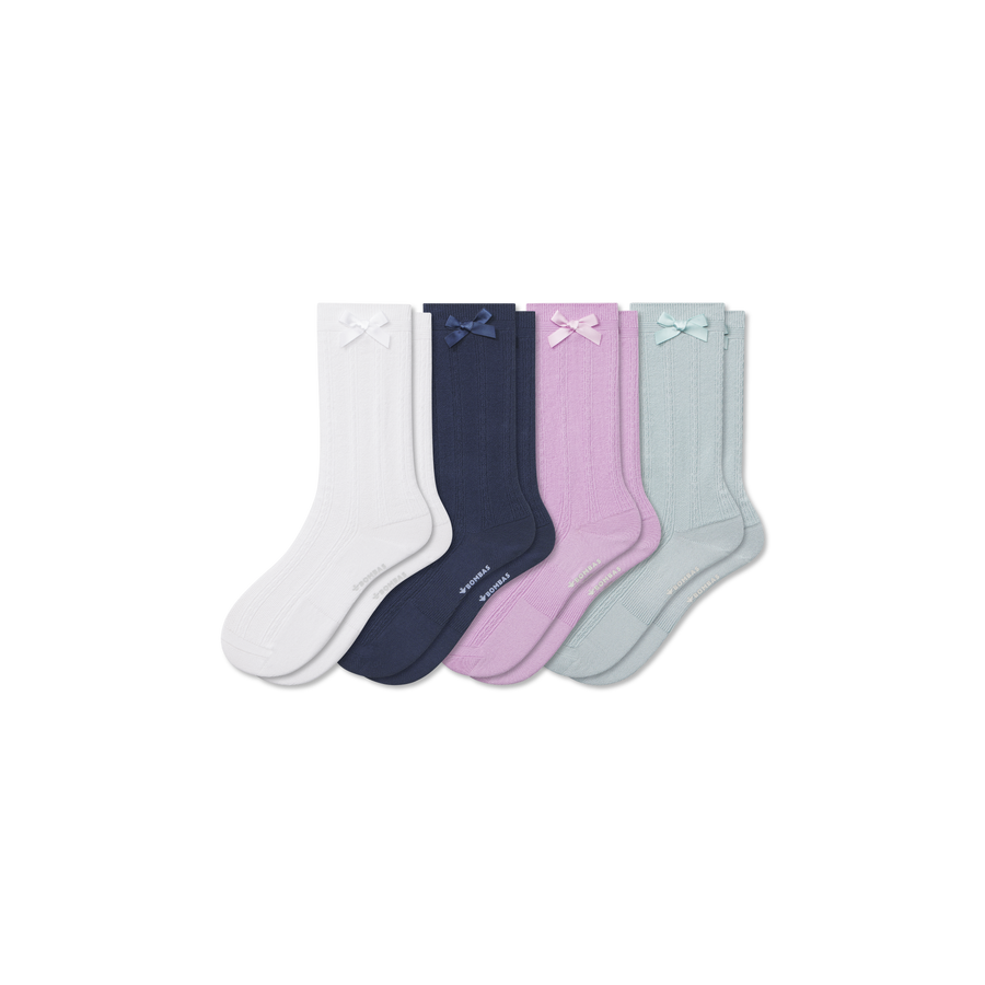 Youth Textured Bow Calf Sock 4-Pack - Soft Travel Pair