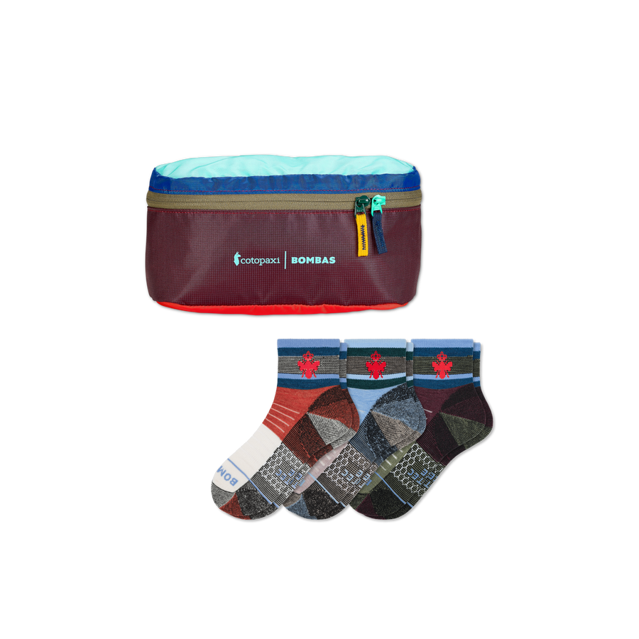 Cotopaxi x Bombas Merino Wool Blend Hiking Quarter Sock 3-Pack & Fanny Pack - Gift Weekend Pack
