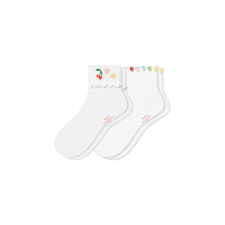 Bombas x Susan Alexandra Embellished Ruffle Rib Quarter Sock 2-Pack - Daily Studio Comfort
